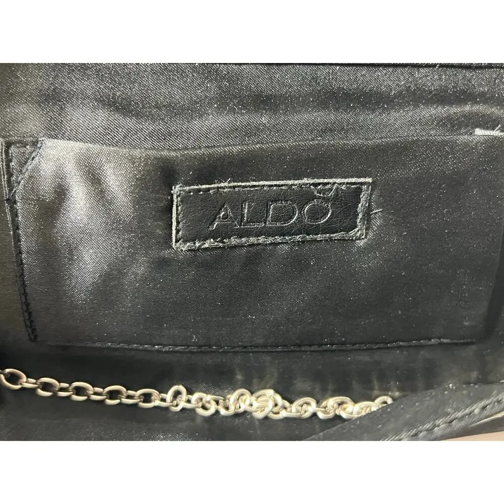 Aldo Formal Satin Clutch Shoulder Bag Black Pleated with Silver Chain
